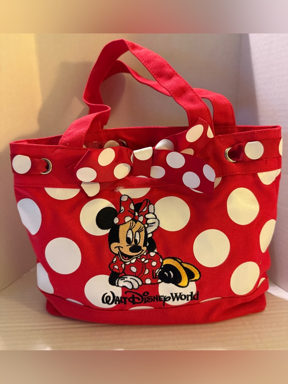 Disney Parks Canvas Red w White Polka Dots Tote Bag Embroidered Minnie Mouse